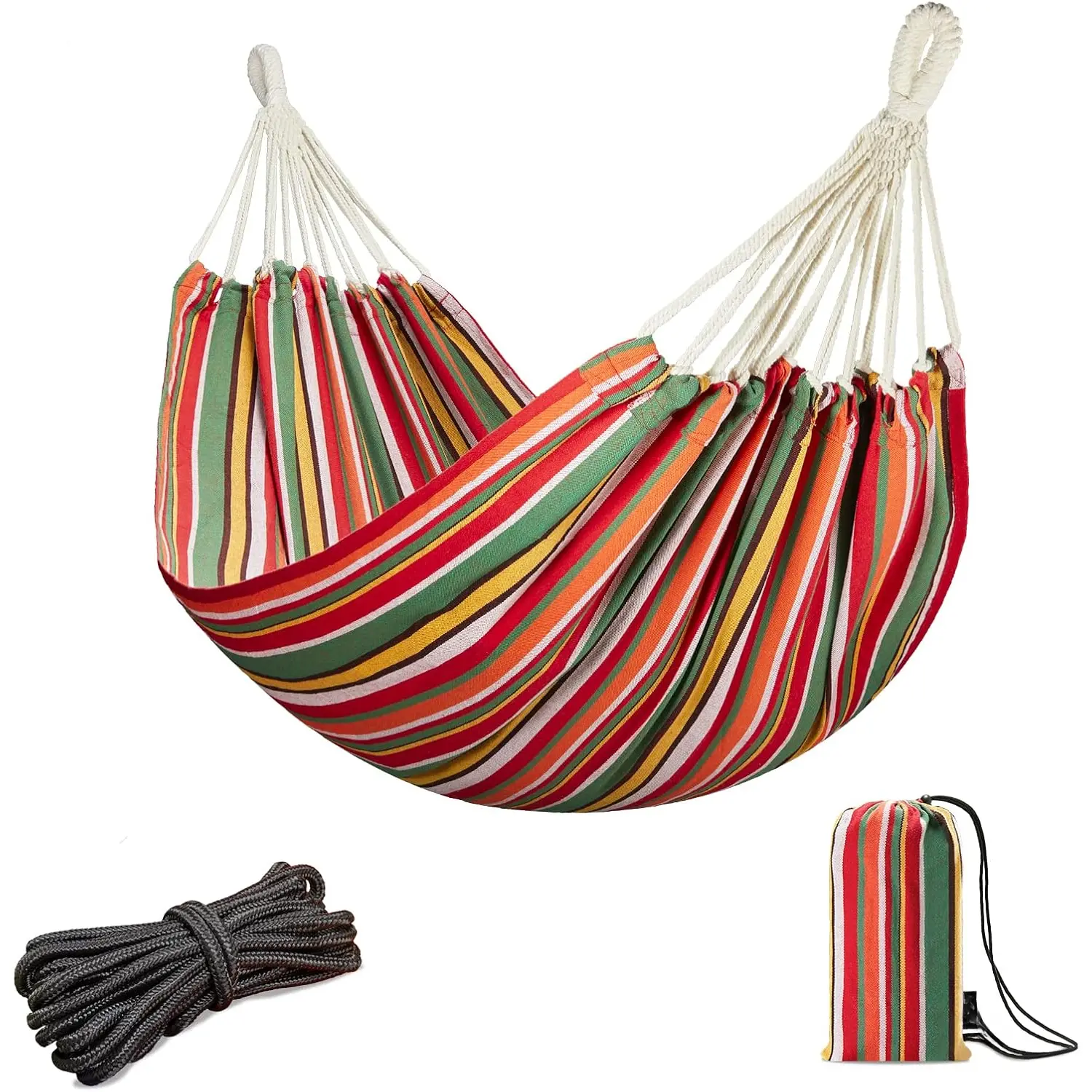 Brazilian Hammock for Single Person - Portable Cotton Hammock with Hanging Ropes & Carry Bag - 78.8x39.4' - 300LBS Capacity - Red & Green Stripes