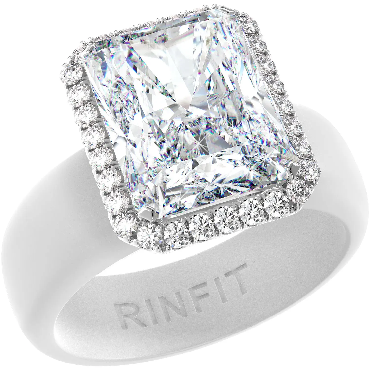 Rinfit Silicone Rings for Women, 10x8mm Emerald Cut Halo CZ, Silicone Wedding Band / Engagement Ring for Work, Gym, Pregnancy, Travel and Everyday Wear