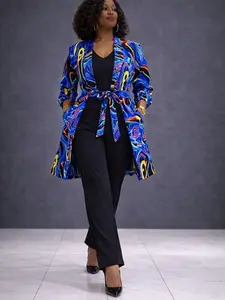 Women’s African Print Blazer Jacket – Blue Ankara Long Jacket, Elegant Statement Coat