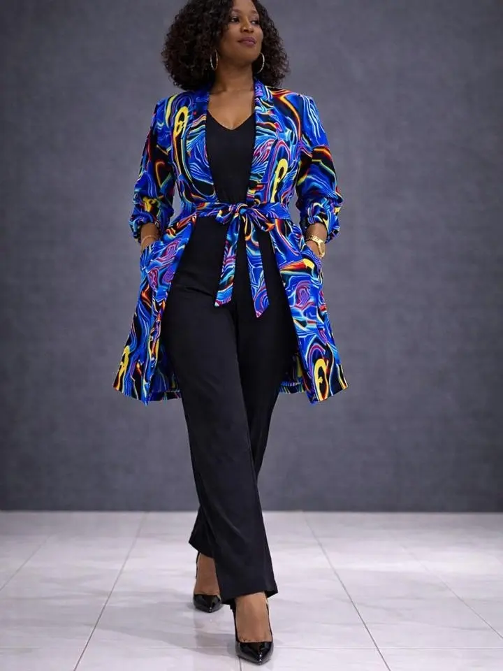 Women’s Fitted African Print Blazer Suit Separates - Blue Ankara Long Jacket, 1-Piece Elegance Coat with Pockets