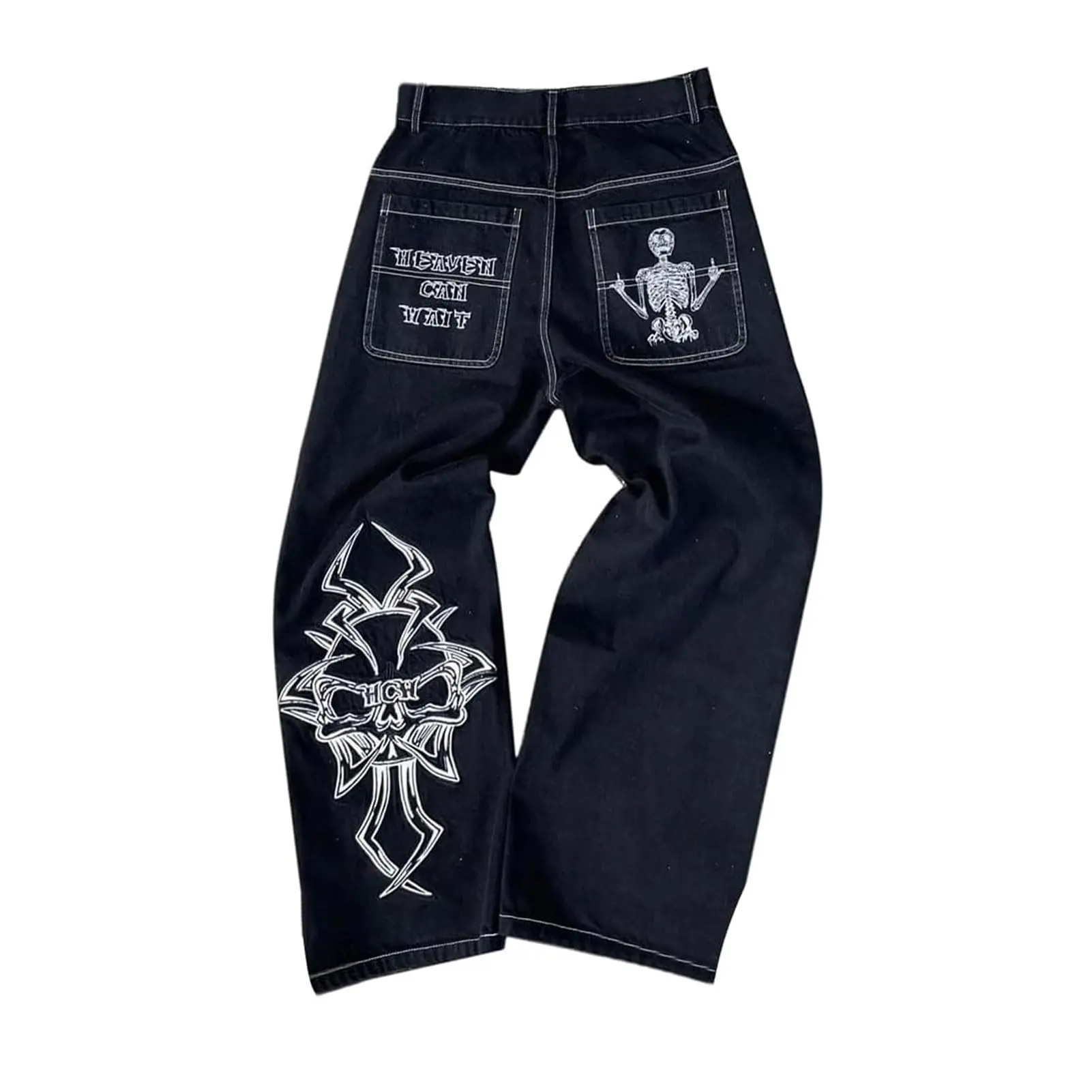 Unisex Y2K Hip Hop Street Jeans Skeleton Print Gothic Baggy Jeans Vintage High Waist Denim Jeans Wide Leg Embroidered Denim Pants Loose Fit, Casual Streetwear Style, All-Season , DailyWear, Parties, and Outdoor Scenes.Hip-Hop Trousers for women and men