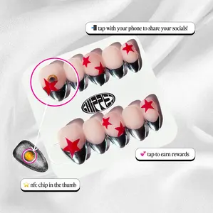 Accelerate Chipped Social NFC Press on Nails Microchip Manicure - french tip chrome red star cute y2k - for social sharing - nfc chip pre installed free app included