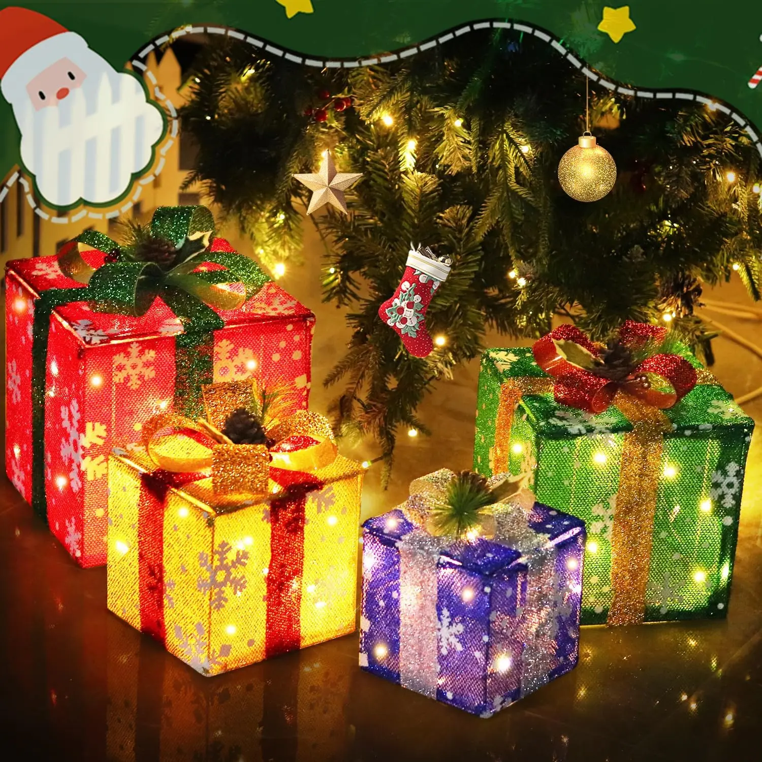 Set of 4 Christmas Lighted Gift Boxes, 70 Led Light Up Colorful Iron Frame Present Box with Pine Cones Bows for Christmas Tree Party Yard Holiday Indoor Outdoor Decoration