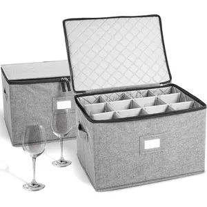 Glass Storage Containers, Hard Shell Organizer for Stemware and Glassware Sets, Stackable  Glass Storage Box with Dividers for Kitchen and Moving Supplies - 2 Pack Set, Gray