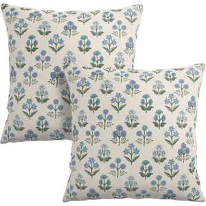 Floral pillowcase, blue and green block printed throw pillowcase, retro flower pattern pillowcase, spring and summer rural outdoor cushion cover, suitable for farmhouse sofas and sofa decoration
