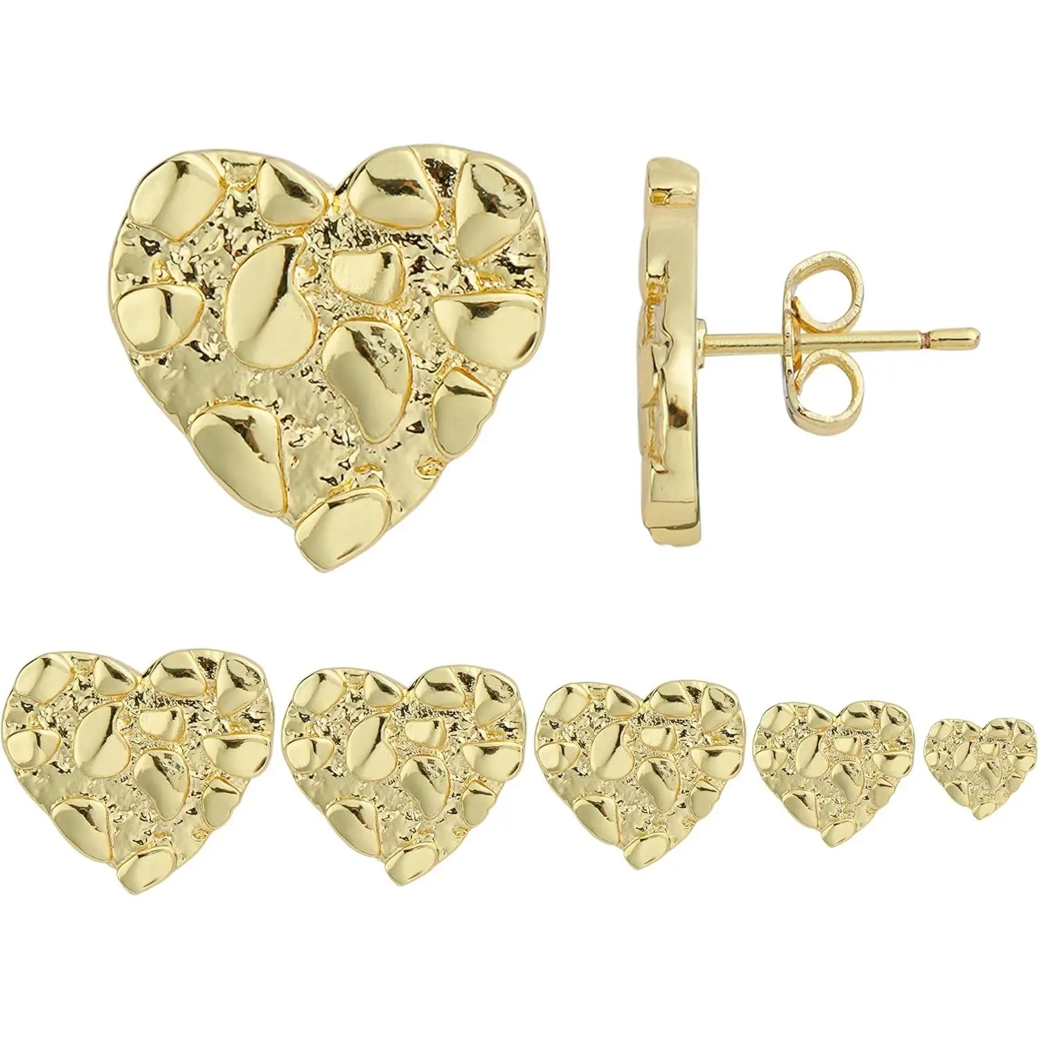 valentines gifts 14k Gold Plated Rough Textured Cookie Heart Shape Nugget Stud Earrings For Men/Women Unisex