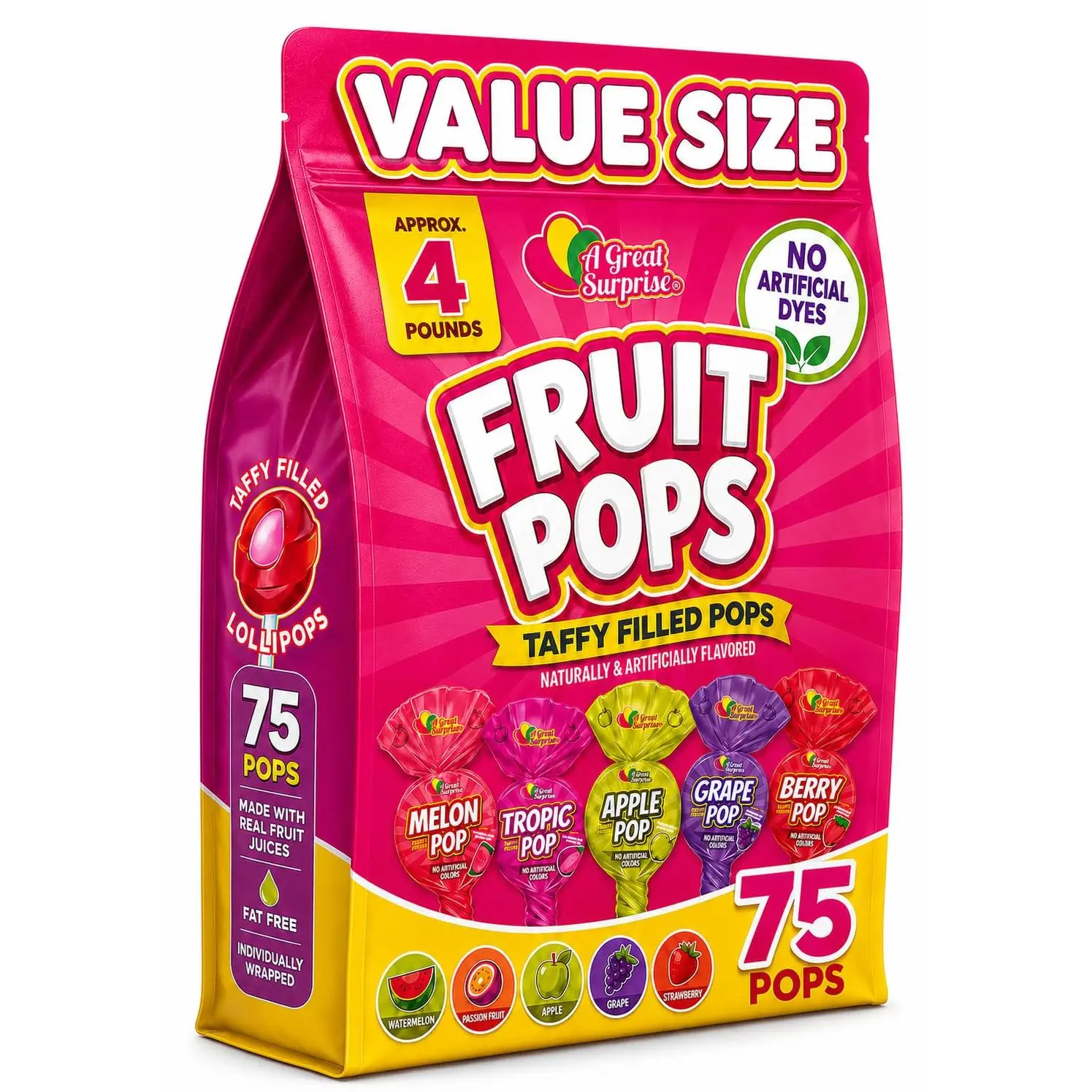 Taffy Filled Lollipops, 75 Count, No Artificial Dyes