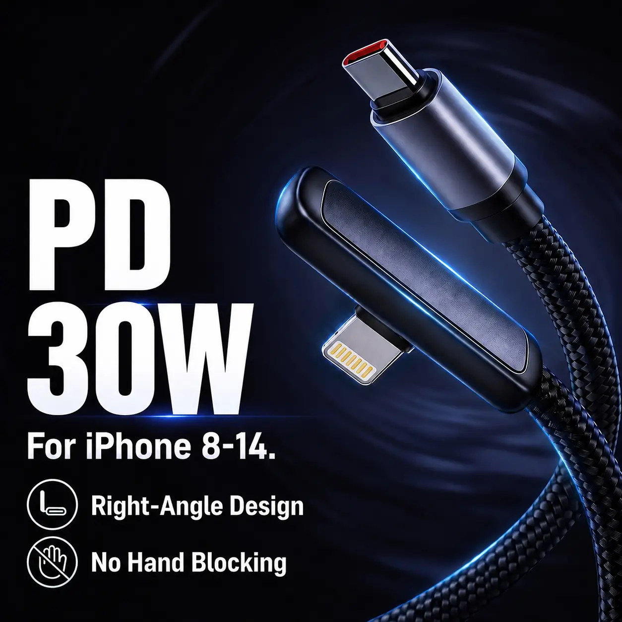 PD20W/30W Right Angle Lightning Charger Cable for iPhone 8-14 Braided Durable Fast Charging Cord for Gaming, Compatible iphone11/12/13/14 Pro MAX, iPad, AirPods, Cellphone, Mobile Electronic Devices