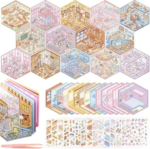 14 DIY 3D Scene Stickers Book Set, 3D House Isometric Sticker Therapy,Extensive Collection of 3D Room Stickers Book for Adults Kids,Perfect for Relaxation, Gifts,Party Favors