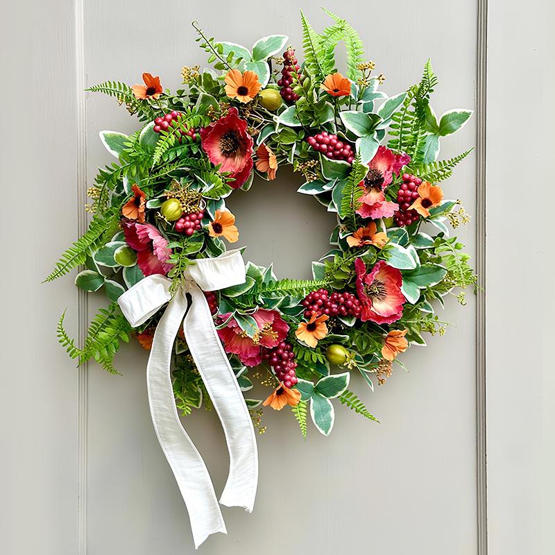 ZMOCEN-20" Faux Poppy Daisy Wreath with Berries - UV Resistant Weatherproof Greenery for Front Door, Porch & Farmhouse Window Decor - All Season Hanging Artificial Plant Wreath