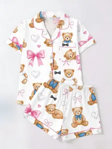 Cute Bear Bowknot Print Pajama Set, Short Sleeve T-Shirt & Shorts Cardigan Two-Piece, Casual Fitted Loungewear Homewear for All Seasons