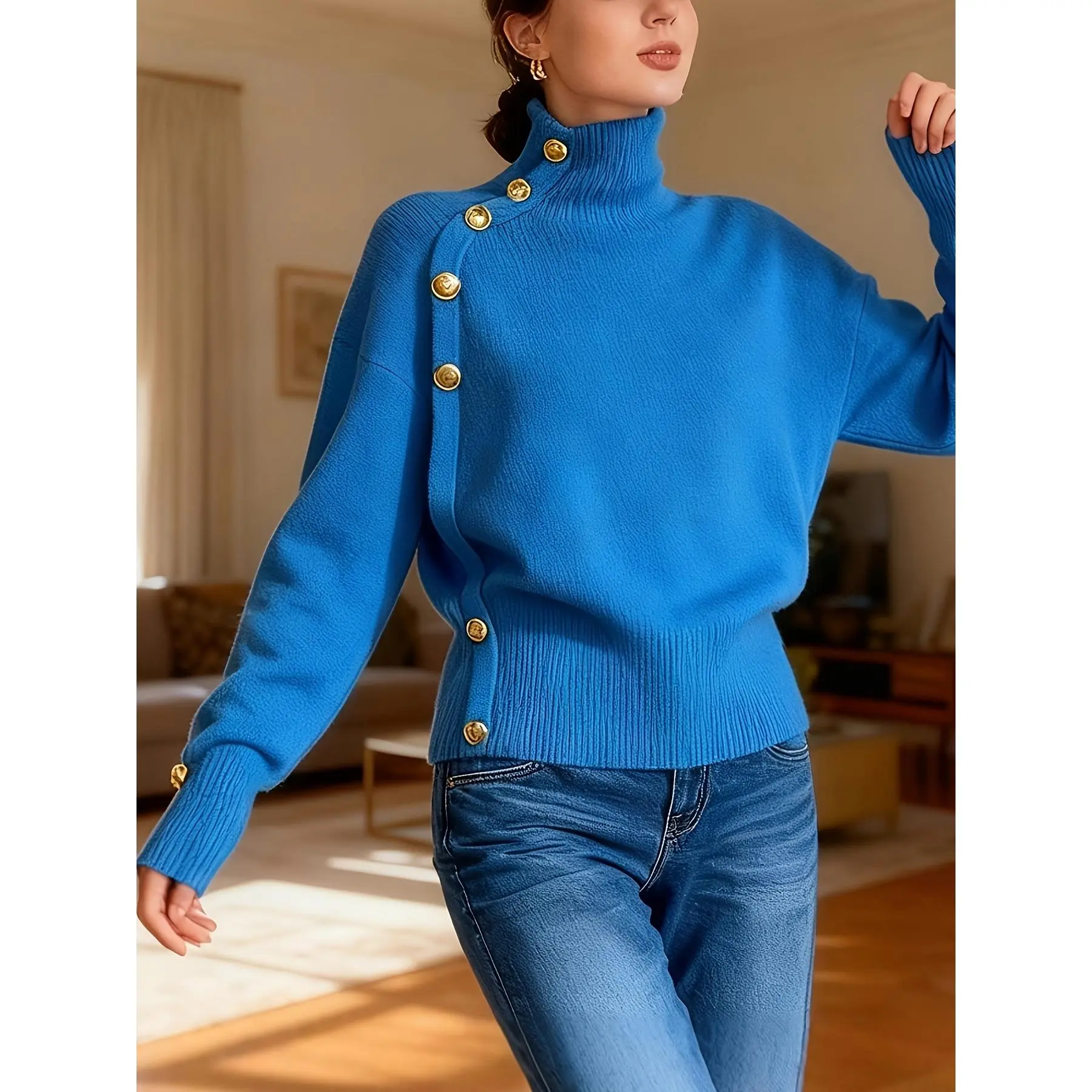 Christmas Red Turtleneck Sweater | Solid Color with Metal Buttons, Warm Base Layer, New Autumn/Winter Commuter Casual Women'S Top