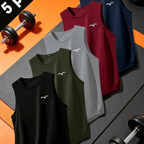 5 Pack Men's Quick-Dry Sleeveless Round Neck Tank Tops, Breathable Moisture-Wicking Fabric, Summer Workout Top, Gym & Training Apparel, Activewear, Sportswear, Sports Clothing
