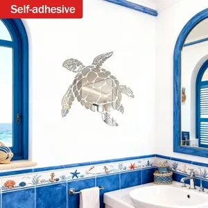 Sea Turtle Mirror Art Self-Adhesive Wall Hanging Makeup Mirror, Mediterranean Style Decorative Wall Piece, Home Oceanic Turtle Art Atmosphere