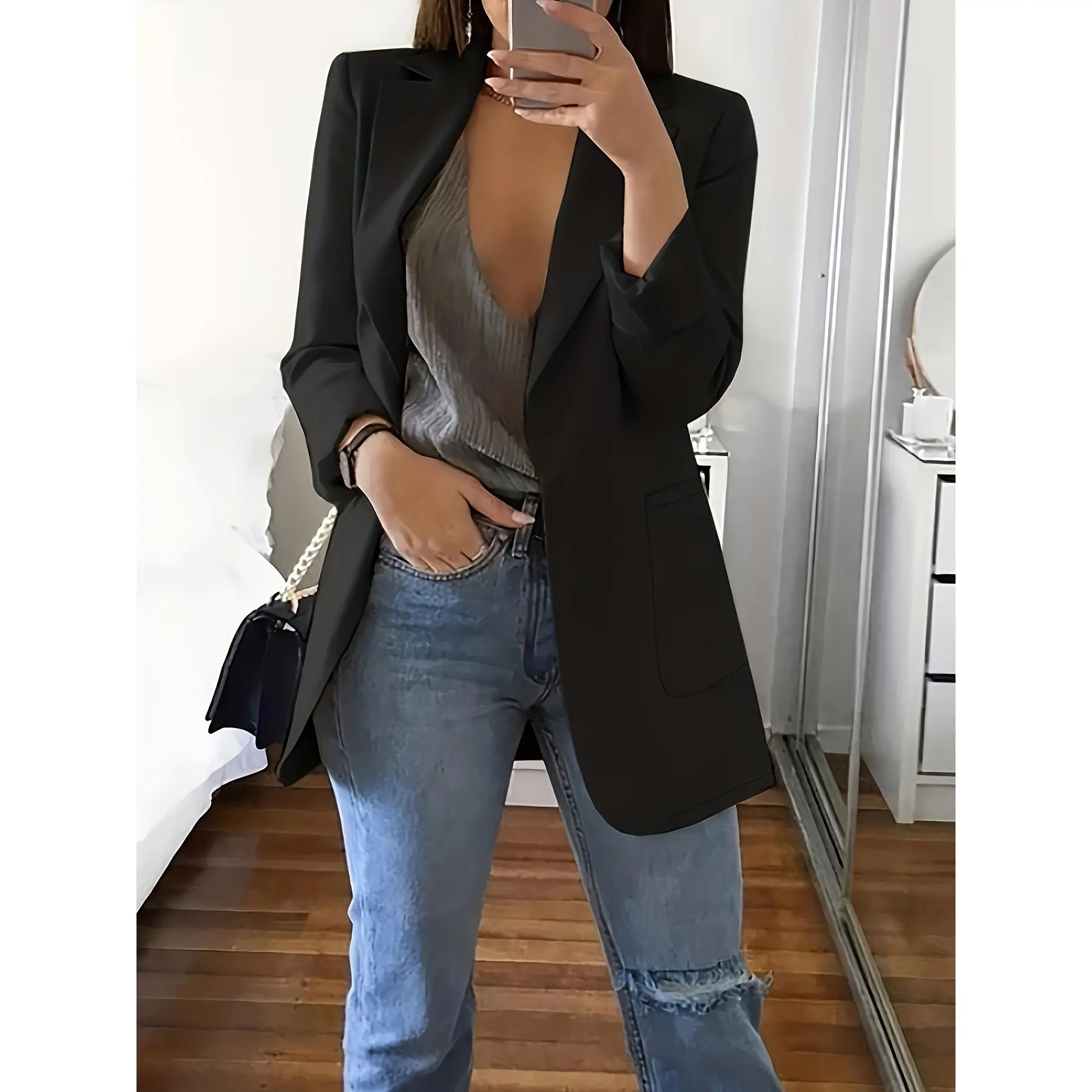 Women's Solid Woven Blazer, Casual Open-Front Polyester Jacket with Longsleeves and Pockets for Work Office Wear, Machine Wash, Patch Pocket, Regular Sleeve