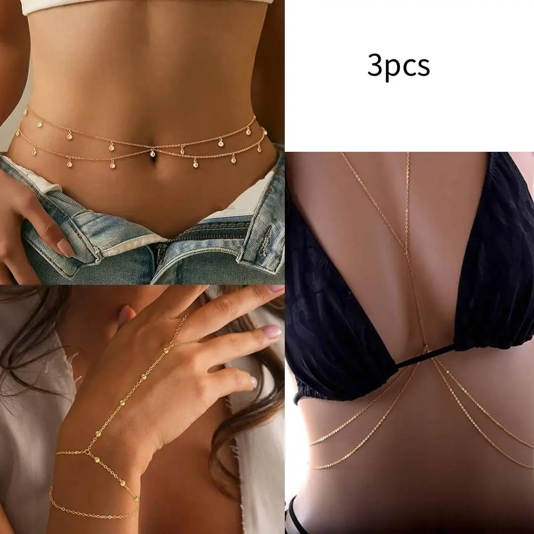 3 pieces beach body chain jewelry set, waist chain, bracelet, chest chain, Bohemian layered body accessories, can be paired with bikinis, suitable for parties, vacations, and daily dressing scenes