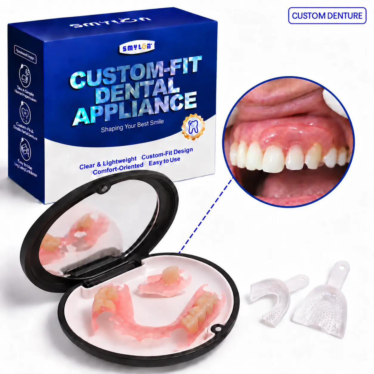 Smylon Customized Flexible Partial Denture Flipper Tooth for 1-6 Missing Teeth, Removable Temporary Replacement with Home Impressions Kit for Perfect Fit