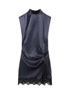 Elegant Women's Stand Collar Sleeveless Lace Mini Dress, Front Slit Back Seam Hidden Zipper Closure, Evening Party Wear