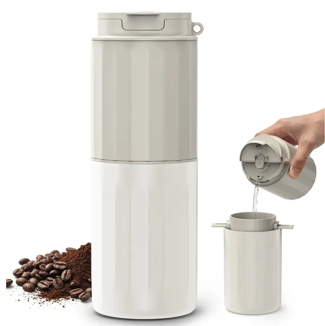 COWSAR Portable Coffee Grinder Electric with Pour Over & Insulated Mug, Rechargeable Cordless Coffee Bean Grinder for Travel Camping RV Car Office, USB-C Burr Grinder, Gloss White