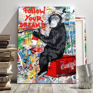Graffiti Chimpanzee Pattern Canvas Wall Art Painting with Frame, Modern Artistic Artwork for Home Living Room Bedroom Office Decor, Ideal Gift