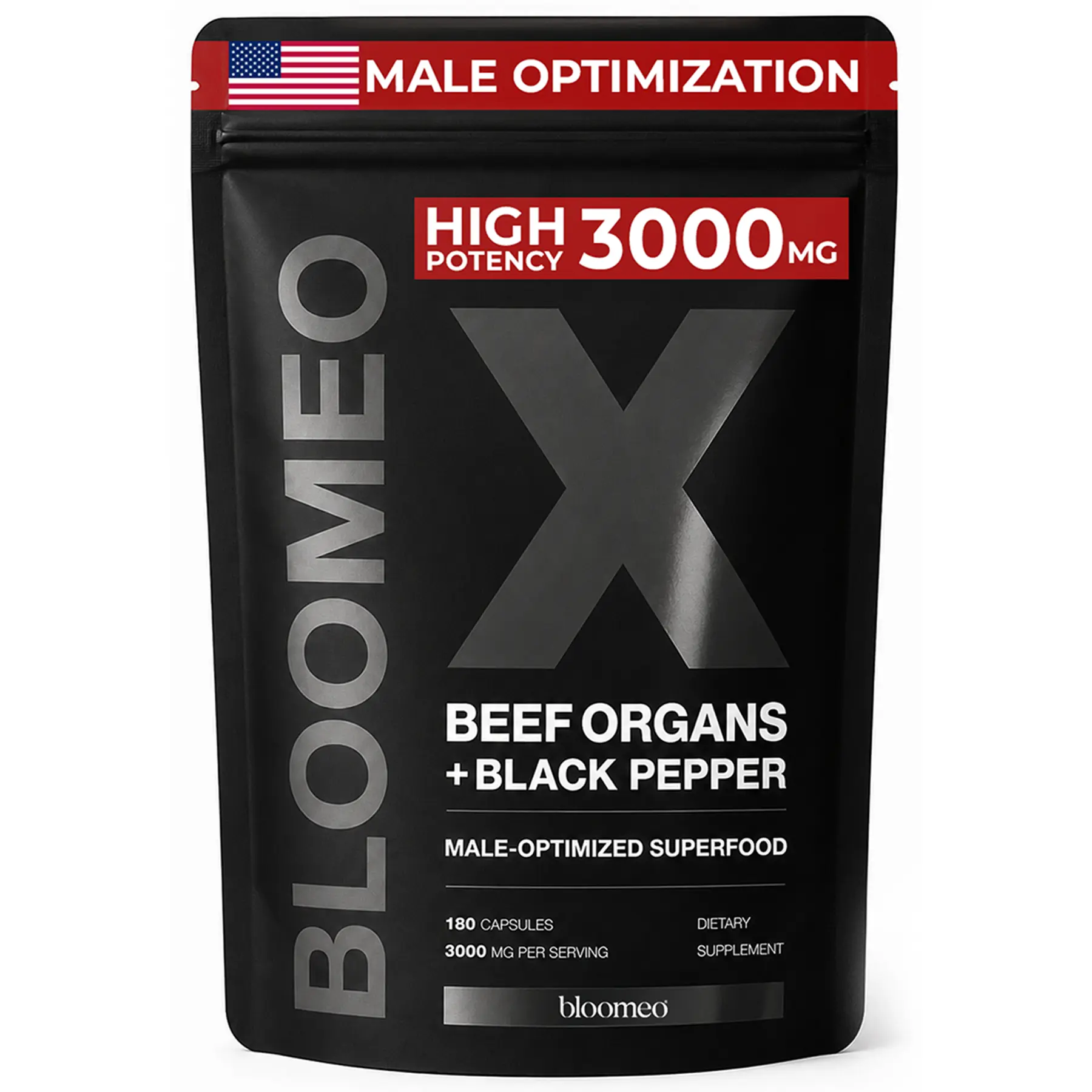BLOOMEO X Men's 100% Grass-Fed Beef Organ Dietary Supplement - 180 Capsules with Liver, Bull Testicle, Prostate, Bone Marrow for Natural Vital Energy, Immunity & Fitness
