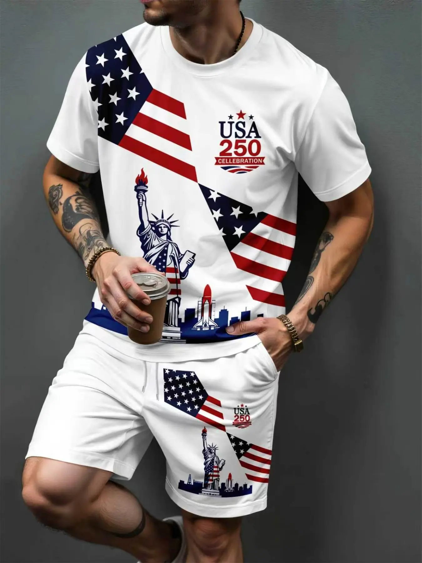 Men's Usa 250th Anniversary Statue of Liberty Print Round Neck T-Shirt and Shorts Matching Set Clothes, Casual Loose-Fit Two-Piece, All Seasons Wear