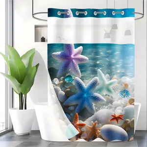 LVRLVR 1pc Coastal Starfish Pebble Print Hookless Pretty Shower Curtain with Sheer Top Window, Detachable Liner & No Hook C-Ring, 70.8" x 74" Shower Decor