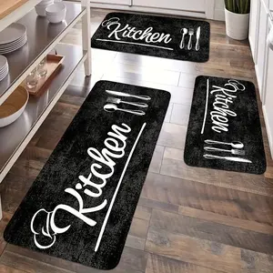 Modern Black Kitchen Set Mat - 3pcs, Soft Flannel Material, Comfortable, Suitable for Kitchen, Bedroom, Living Room Multi-Purpose Entrance Mat