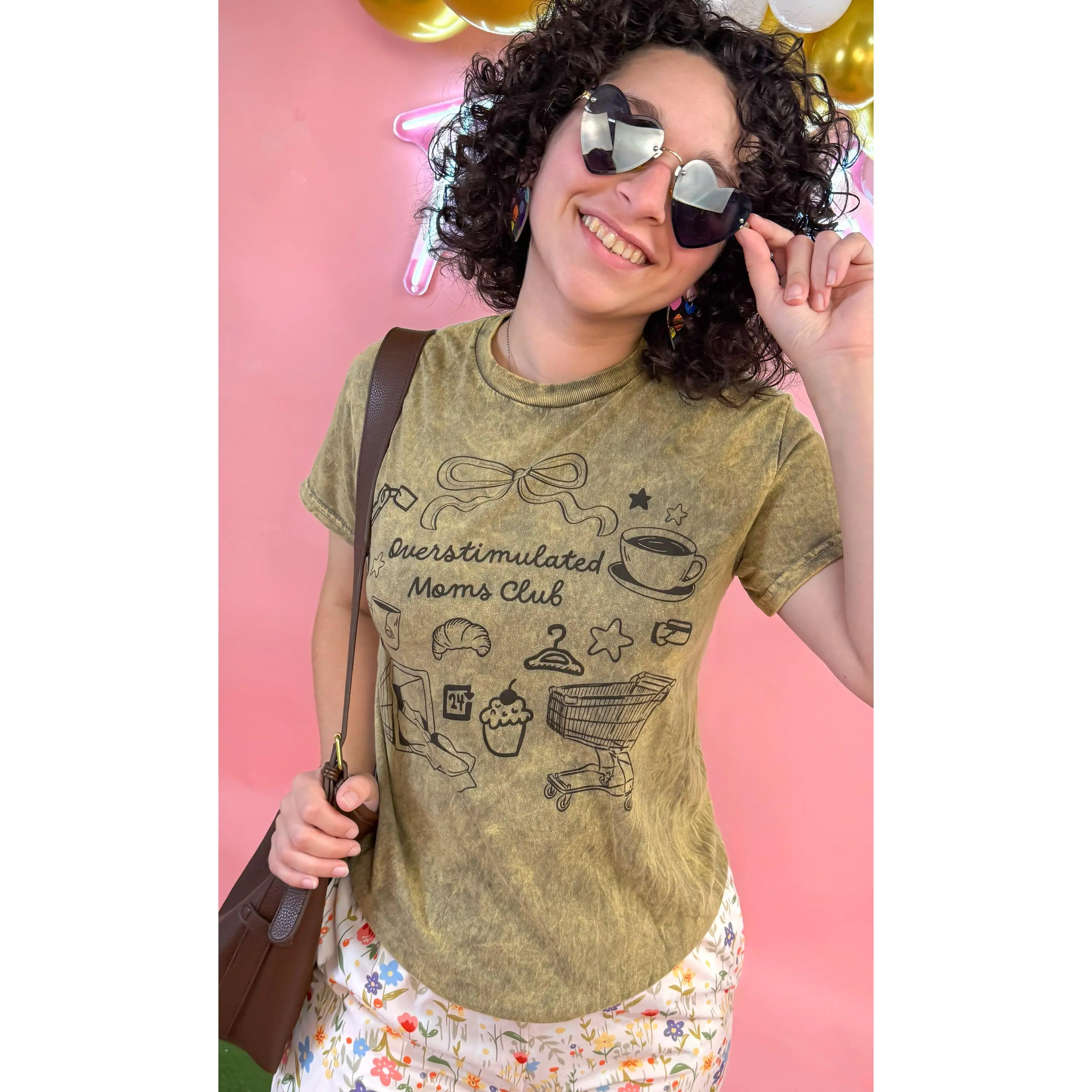 Tees2urdoor Women's Brown Mineral Wash Cotton Fitted Round Neck Short-Sleeve Graphic T-Shirt - Soft Vintage, Casual School Runs Essential, Statement Top for Overstimulated Moms