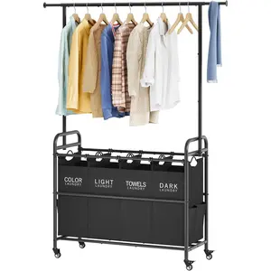 Laundry Sorter Cart with  Clothes Rack, 4 Butler Sorter Basket Organizer, Laundry Hamper Cart with Heavy Duty Rolling Lockable Wheels, Black