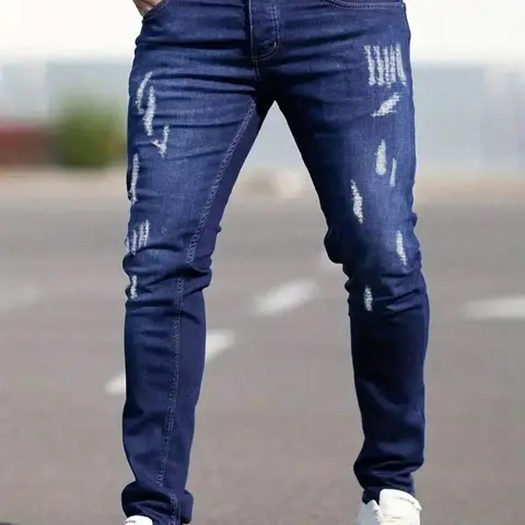 Men's Ripped Skinny Denim Jeans Dark Wash, Fashion Ripped Jeans, Plain Ripped Jeans, Distressed Skinny Denim, Casual Streetwear Comfy Regular Fit Jeans for Daily Wear, Men's Bottoms for All Seasons Pants