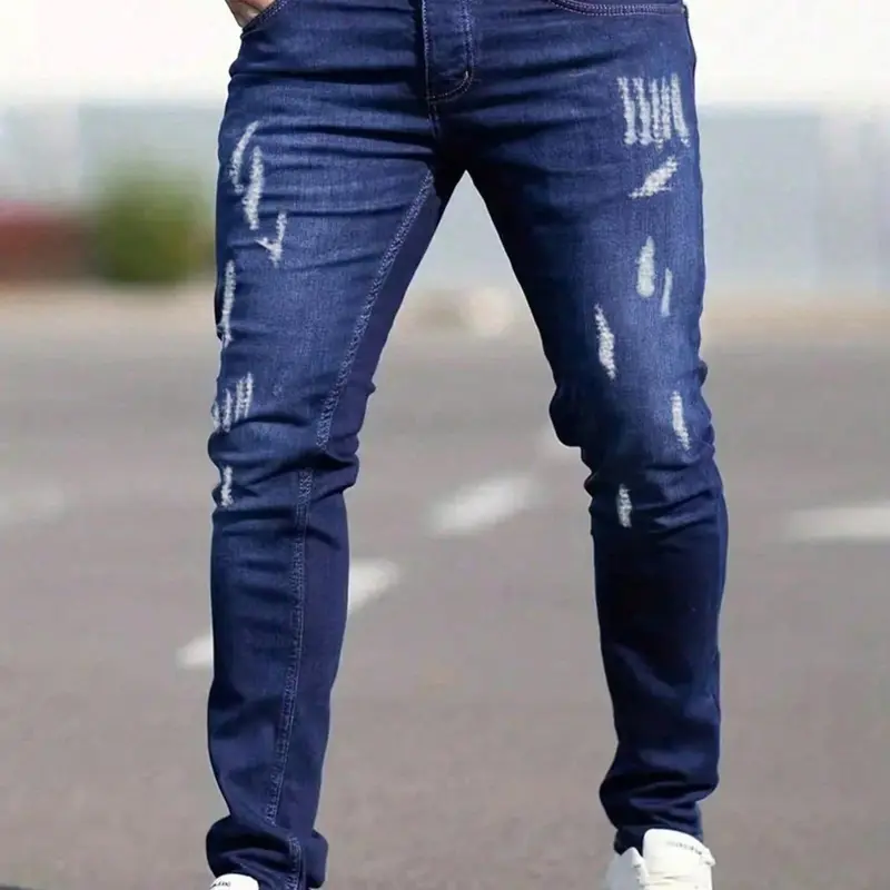 Men's Ripped Skinny Denim Jeans Dark Wash, Fashion Ripped Jeans, Plain Ripped Jeans, Distressed Skinny Denim, Casual Streetwear Comfy Regular Fit Jeans for Daily Wear, Men's Bottoms for All Seasons Pants