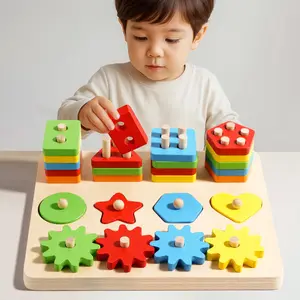 Montessori Wooden Block Toys for Children, Geometric Shape Color Sorter, Toddler Math Stacking Bricks, Puzzle Educational Toy