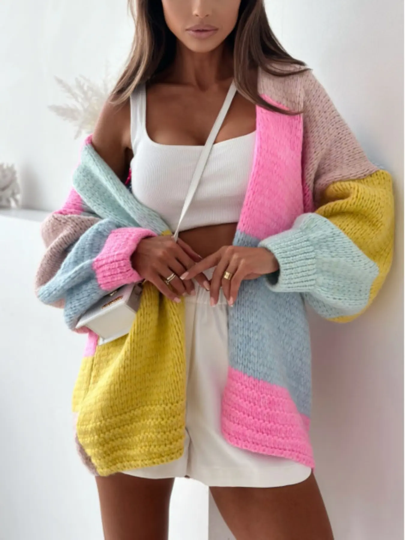New Fashion Women's Sweater Fall Winter Colorblock Long Sleeve High Stretch Elastic Fitted Knit Cardigan, Casual Style, Warm & Cozy, Knitting, Knitwear, Womenswear