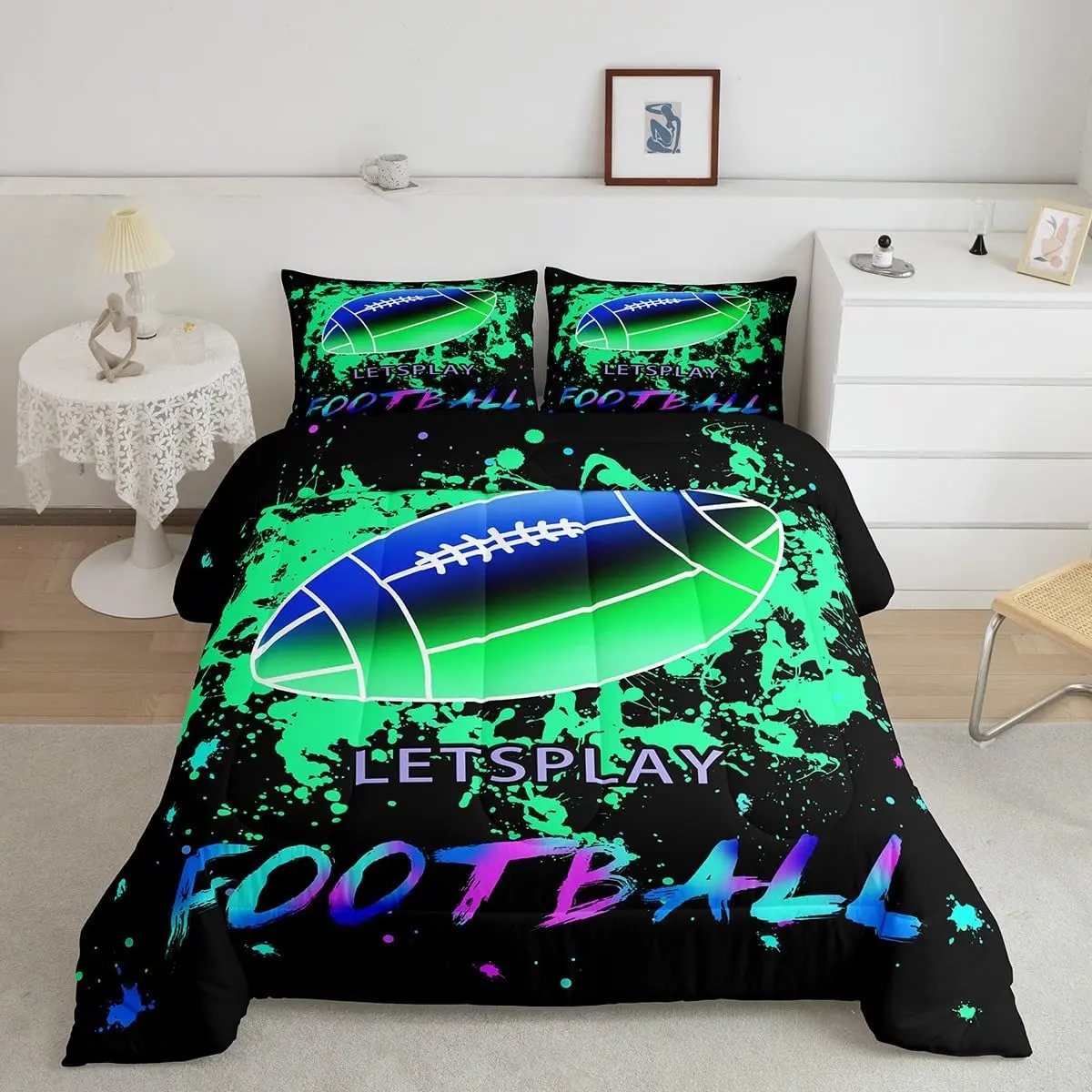 Football Designer 3D Rugby Ball & Green Blue Neon Galaxy Comforter - Duvet Quilt, Gaming Sports Luxury Bedding, Bedroom & Decorative Bedding Sets for Room Decor, Bedroom Bedding Set, Decorative Bedding Set
