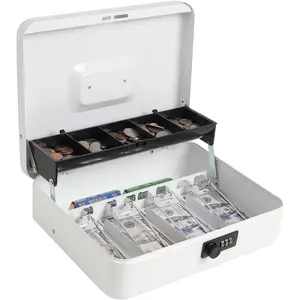 Cash Box with Money Tray and Combination Lock, Large Money Box, 5 Compartments for Cions & 4 Spring-Loaded Clips for Bills, 11 4/5" x 9 2/5" x 3 1/2", White