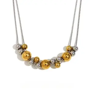 Date party stainless steel double-color steel ball pendant necklace - party water-resistant jewelry - lady's charming neck accessory jewelry