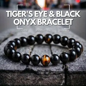 Tiger's Eye Black Onyx Bracelet, Courage, Protection, Balance Beaded Bracelet Jewelry