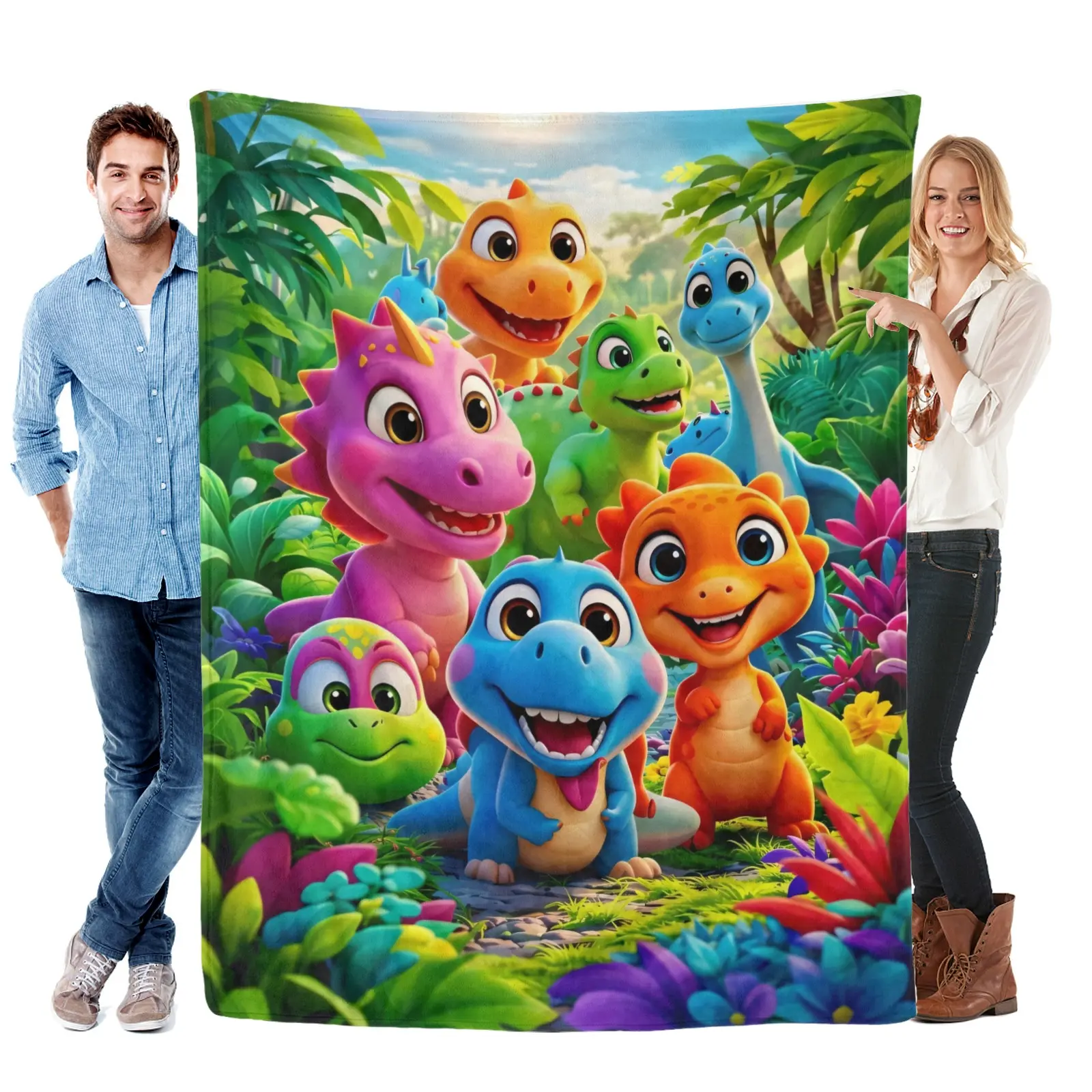 Cute Cartoon Dinosaur Fleece Throw Blanket, Colorful Jungle Forest Design - Kids' Soft Bedding, Room Decor for Bedroom, Couch
