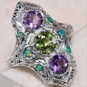 925 Sterling Silver Amethyst & Peridot Vintage Ring