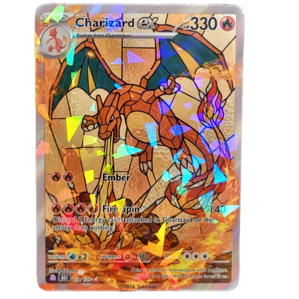 Charizard ex custom art card, stained glass artwork with cracked ice holo finish