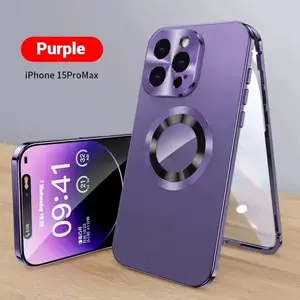 Purple 2-In-1 Magnetic Privacy Case for iPhone 12/13/14/15/16/17 Pro Max Plus Series, Anti-Spy Screen, Full Metal Bumper