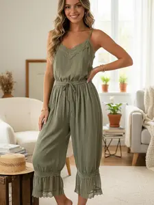 Women Summer Jumpsuit V Neck Sleeveless Spaghetti Strap Lace Patchwork Drawstring Waist Overalls