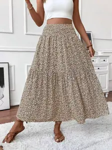 Women's Summer A-Line Midi Skirt, Small Floral Print Pattern, Casual Loose-Fit, Elastic Waistband, Ruffled Hem, All Seasons Elegant Chic Style