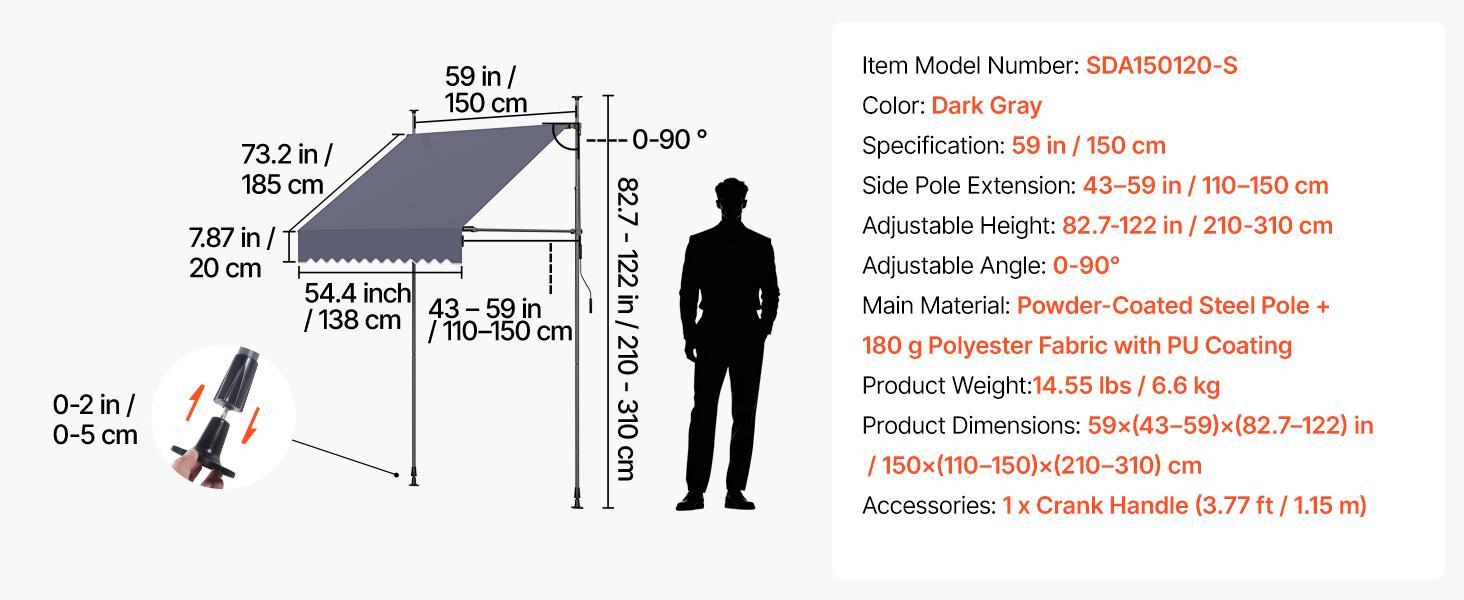 VEVOR Manual Retractable Awning, 59" Outdoor Retractable Patio Awning Sunshade Shelter, Height Adjustable Patio Door Window Canopy with Manual Crank Handle for Backyard, Garden, Balcony, Dark Gray VEVOR Manual Retractable Awning, 59" Outdoor Retractable Patio Awning Sunshade Shelter, Height Adjustable Patio Door Window Canopy with Manual Crank Handle for Backyard, Garden, Balcony, Dark Gray