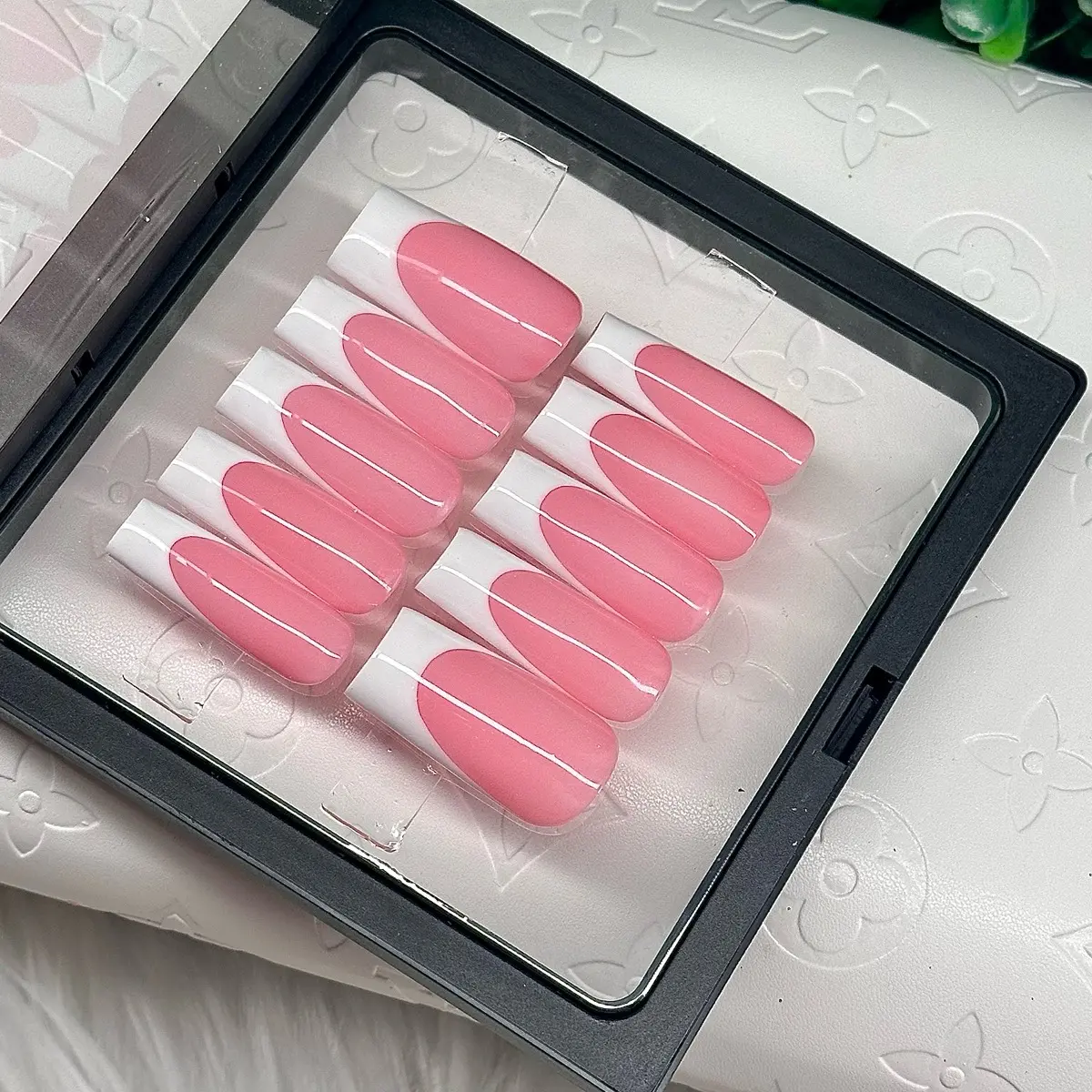ACRYLIC White French Tip Pink High Quality Custom Handmade Press On Nails Square Coffin Almond Stiletto Short Medium Long