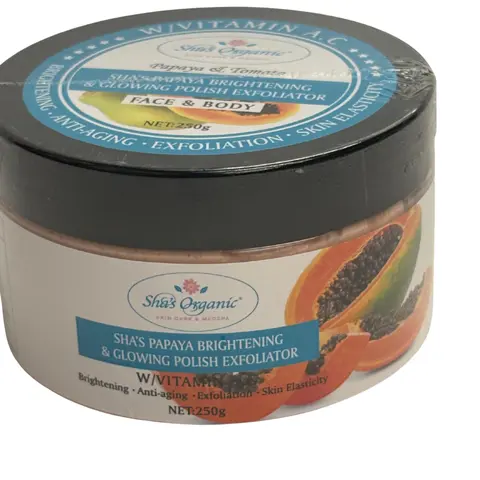Sha's Organic Skincare Papaya Body Scrub - 250g Jar, All Natural Body Scrubs for Adults, Alcohol Free Anti-Age Exfoliator with Tomato-Powered Lift, Brightening Formula to Polish Skin, Boost Radiance, Reduce Lines