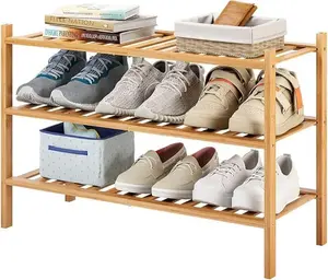 3-Tier Bamboo Shoe Rack for Entryway, Stackable | Heavy Duty | Multi-Function, Free Standing Shoe Racks for Bedroom Hallway Closet Organiser Wood