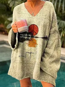 Women's Bohemian Sunset Pattern Waffle Knit Sweater, Casual V-Neck Long Sleeve Loose Pullover, Vintage Vacation Style Fall Comfort