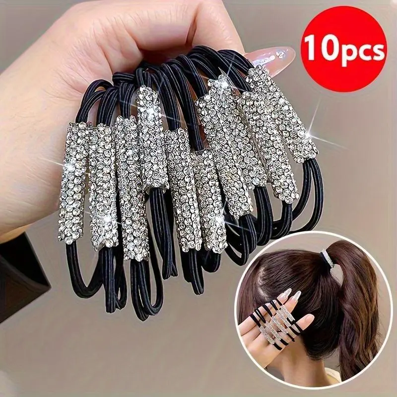 10pcs Himop Elegant Black Hair Ties with Sparkling Rhinestones - Durable Polyester Elastic Bands for Stylish Ponytails & Buns, Fashionable Hair Accessories for Girls, Elastic Hair Accessory